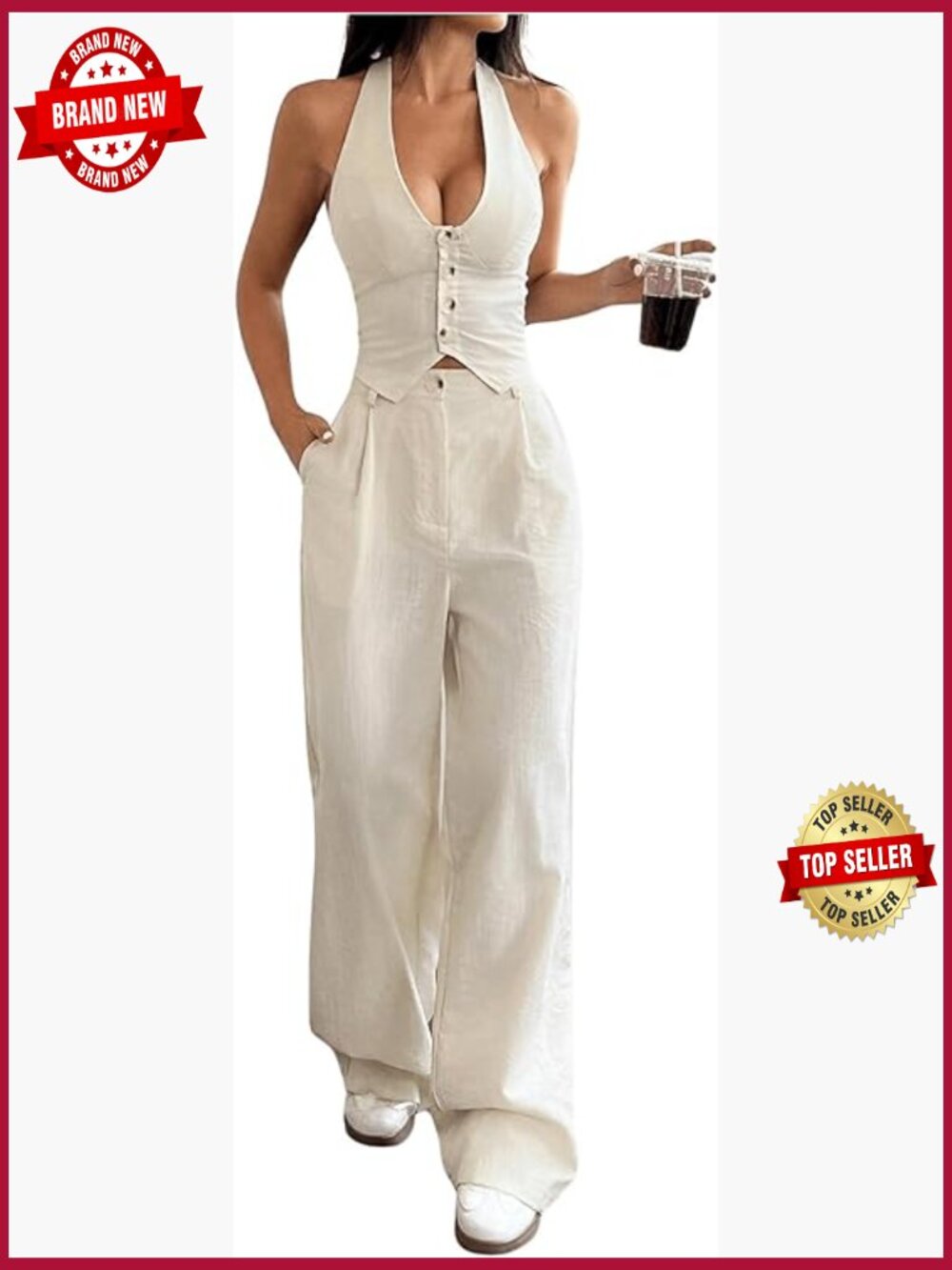 Halter Crop Top & Wide Leg Pants Set - 2 Piece Outfit